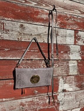 Mulberry Taupe Snake-Embossed Crossbody with Gold Logo Medallion